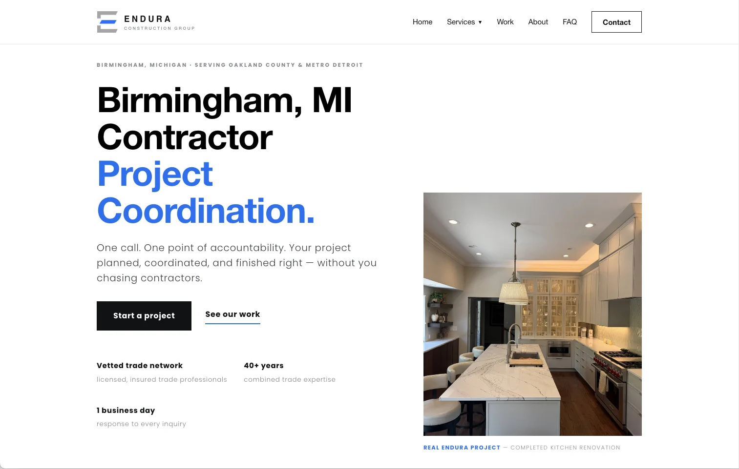Endura Construction Group website homepage